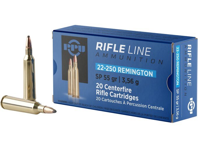 138613.jpg PPU 22-250 Remington Ammo 55 Grain Jacketed Soft Point Box of 1000
