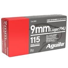 9mm Luger, Aguila ammunition, cheap 9mm ammo, bulk 9mm ammo, 115 grain FMJ, 124 grain FMJ, shooting range supplies, target practice ammunition, brass cased ammo